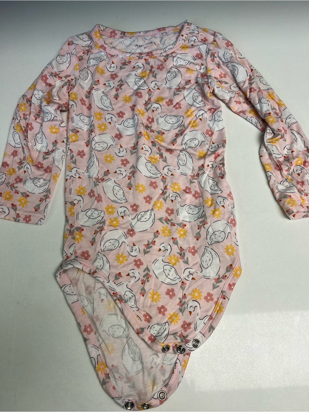 Posh Peanut Pink Swan & Floral Long-Sleeve Baby One-Piece